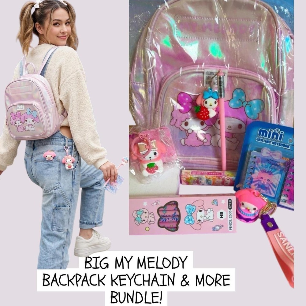 BIG MY MELODY PINK IRRIDESCENT MINI BACKPACK KEYCHAIN BUNDLE NEW